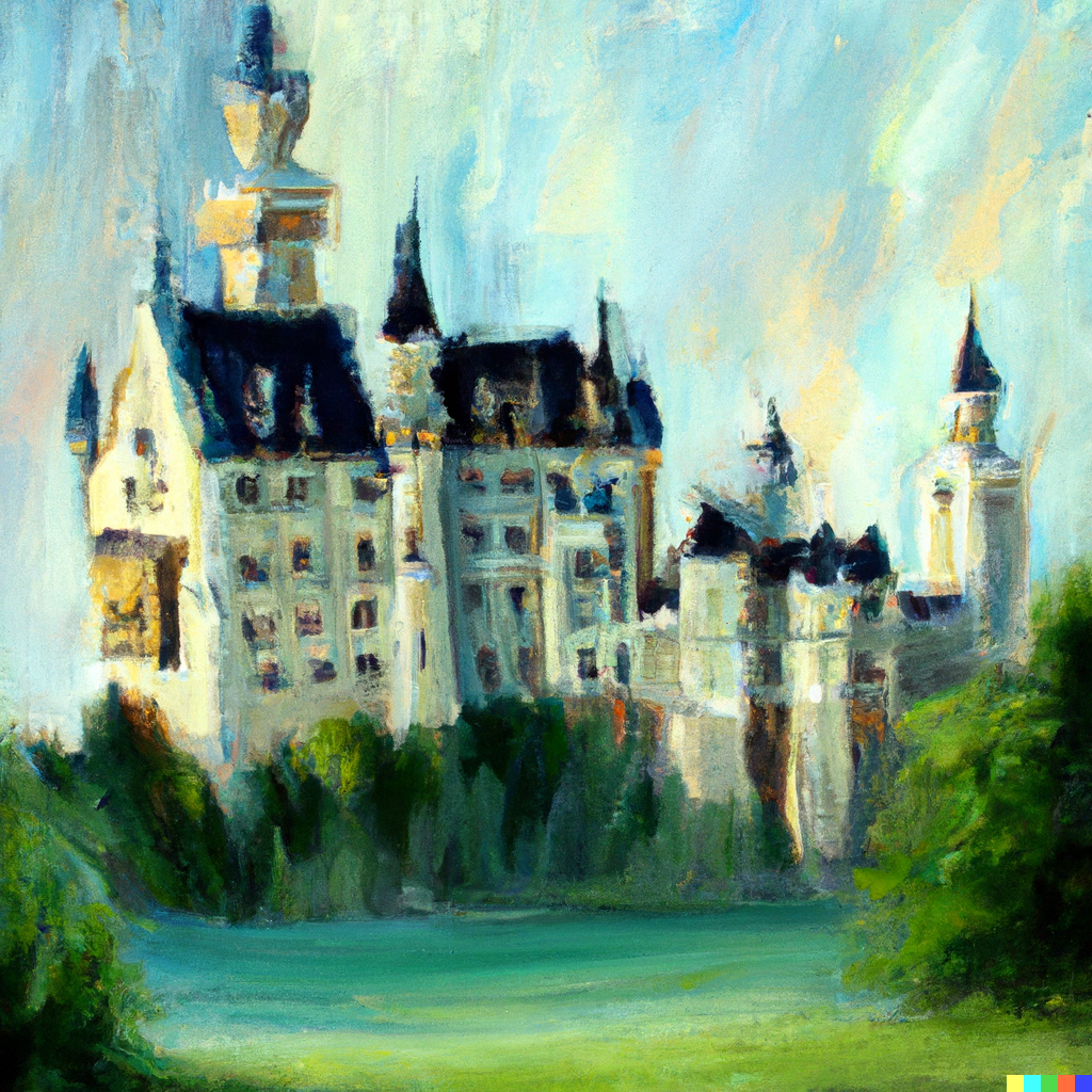 An impressionist painting of a majestic castle