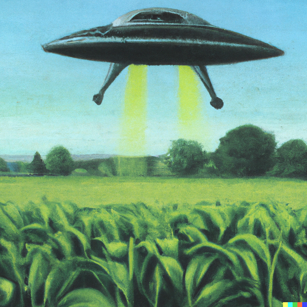 Realistic Oil Painting of Alien Spaceship above crops
