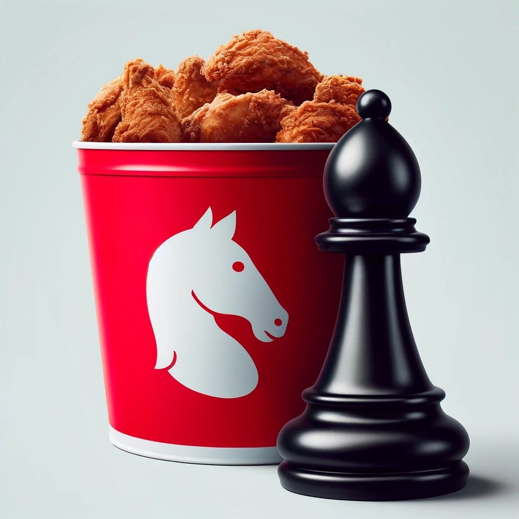 A satirical image of fried chicken and a chess piece